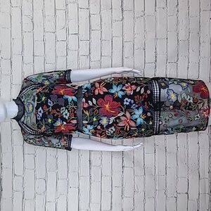 Vone Floral Embroidered Lace High Neck Sheath Midi Dress in Red/Black Multi NWT